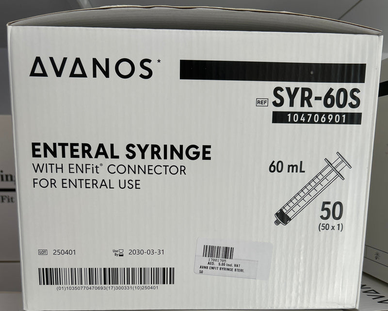 Avanos Enteral Syringe, ,60ml, Single Use, With ENFit Connector, 50/Case