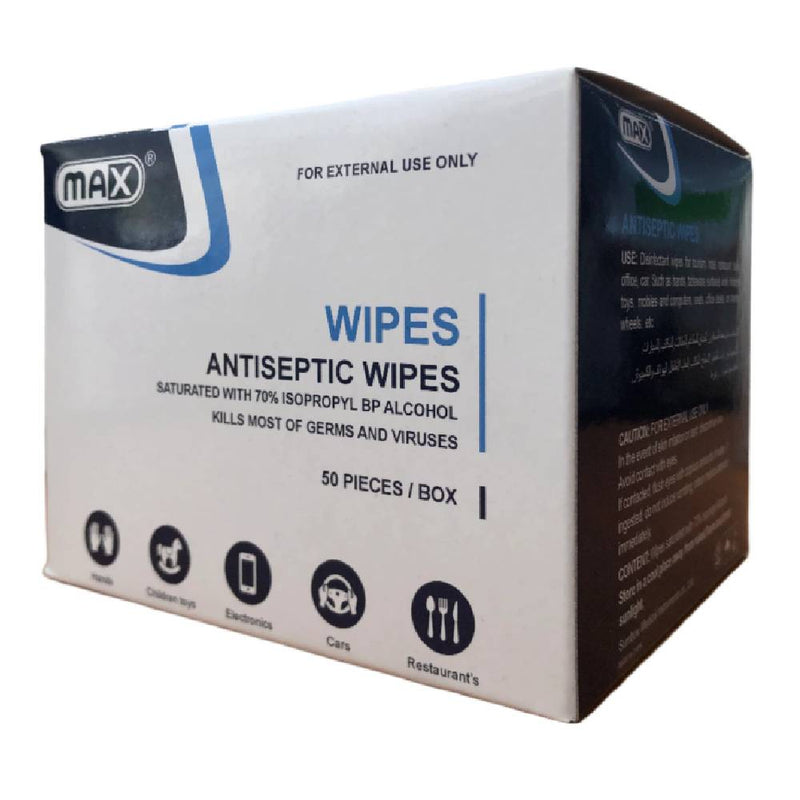 Max Antiseptic Wipes 70% Isopropyl Alcohol, Wound Care Dressig, 13.50 x 8.50 cm, 50 Pieces