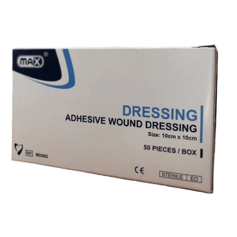 Max Wound Care Adhesive Sterile Dressing, 10 cm x 10 cm, 50 Pieces per Box