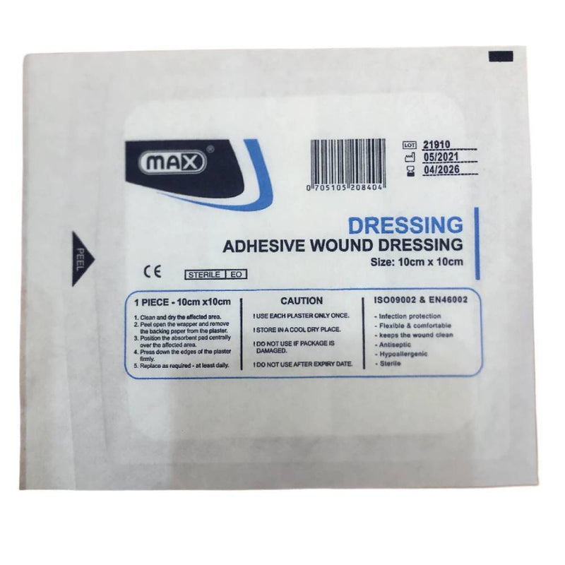 Max Wound Care Adhesive Sterile Dressing, 10 cm x 10 cm, 50 Pieces per Box