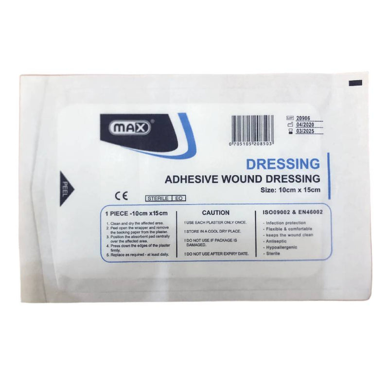 Max Wound Care Adhesive Sterile Dressing, 10 cm x 15 cm, 50 Pieces per Box