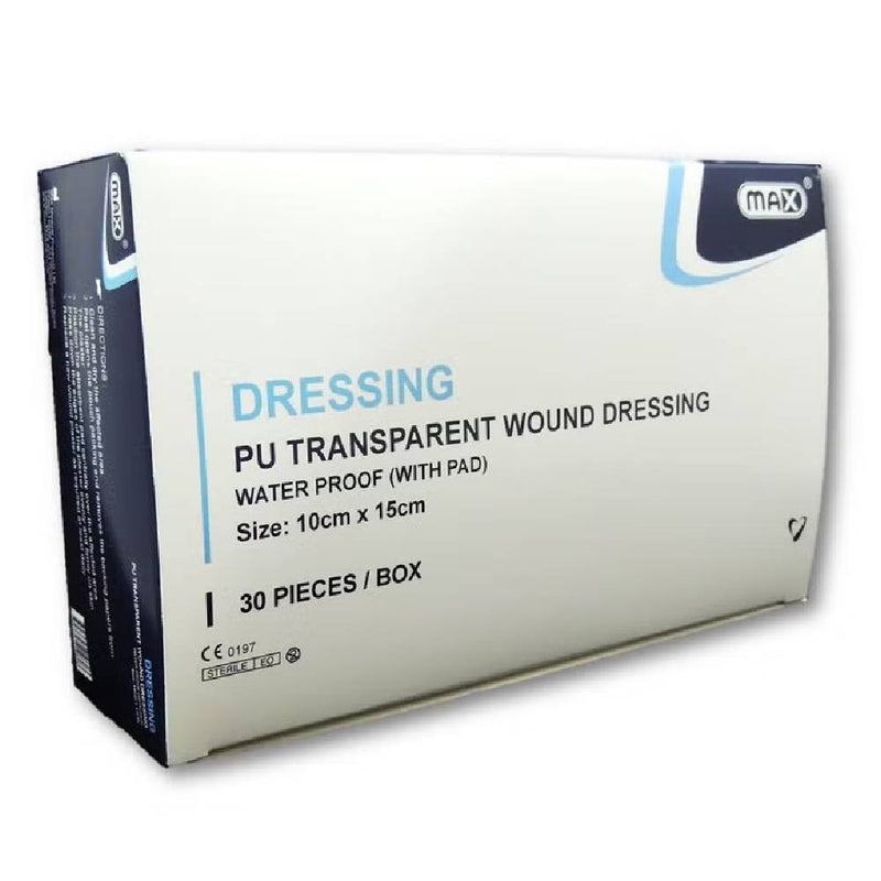 MAX PU Transparent Adhesive Wound Dressing, 10 cm x 15 cm, 30 Pieces/Box