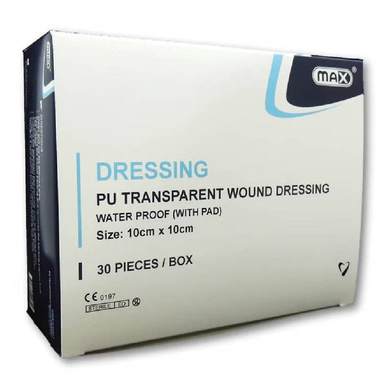 MAX PU Transparent Adhesive Wound Dressing, 10 cm x 10 cm, 30 Pieces/Box