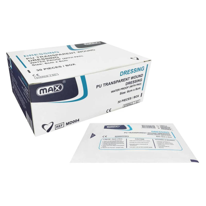 MAX PU Transparent Adhesive Wound Dressing, 6 cm x 8 cm, 30 Pieces/Box